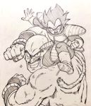  armor bald black_eyes black_hair boots clenched_hands dragon_ball dragon_ball_z facial_hair frown grin looking_at_viewer male_focus monochrome multiple_boys muscle mustache nappa open_mouth outstretched_hand short_hair simple_background smile sparkle spiked_hair tail tkgsize vegeta wristband 