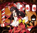  :d bbsucg black_hair blush bow brown_hair checkered curtains detached_sleeves eyebrows_visible_through_hair frilled_bow frills from_side hair_bow hair_tubes hakurei_reimu highres ideolo_(style) kouhaku_nawa lantern long_hair long_sleeves looking_at_viewer looking_back nontraditional_miko open_mouth paper_lantern parted_lips red_bow red_eyes ribbon-trimmed_bow ribbon-trimmed_sleeves ribbon_trim shide smile solo touhou wide_sleeves wooden_lantern yellow_bow yin_yang 