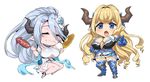  bare_shoulders blonde_hair blue_eyes blue_hair blush breasts chibi closed_eyes commentary_request draph dress food food_on_face full_body granblue_fantasy horns huge_breasts izmir long_hair multiple_girls obui open_mouth pointy_ears rastina smile very_long_hair 