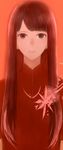  bangs blunt_bangs brown_eyes brown_hair commentary_request dress long_hair long_image looking_at_viewer original parted_lips red_background red_dress sakimori_(hououbds) simple_background solo tall_image upper_body 