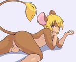  2017 anthro anus balls blonde_hair blush brown_fur butt crackers fur hair looking_at_viewer lying male mammal mouse nude on_front penis pink_nose pink_penis purple_eyes rodent simple_background solo white_background 