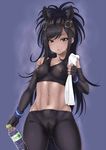  abs animal_ears ass_visible_through_thighs bangs black_gloves black_hair black_legwear black_sports_bra bottle breasts breath bridle brown_eyes brown_thoroughbred_(kemono_friends) covered_nipples cowboy_shot crotch_seam dark_skin elbow_gloves fingerless_gloves gloves hair_down highres horse_ears horse_girl horse_tail japan_racing_association kemono_friends long_hair looking_at_viewer marubonman medium_breasts midriff navel no_panties open_mouth pantyhose pubic_hair pussy pussy_juice_stain see-through skin_tight solo sports_bra standing steam sweat sweatband swept_bangs tail towel water_bottle wet wet_clothes wet_pantyhose 