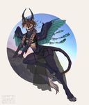  4_toes 5_fingers anthro araivis-edelveys black_lips black_nose breasts clothed clothing digitigrade feathered_wings feathers feline female horn hybrid looking_at_viewer mammal open_mouth pale_eyes solo teeth toes tongue wide_hips wings 