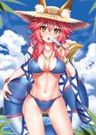  absurdres animal_ears bikini blue_bikini blue_bow blue_ribbon blush bow breasts caibao cleavage collarbone ears_through_headwear eyebrows_visible_through_hair fate/grand_order fate_(series) food fox_ears fox_tail hair_bow hair_ribbon hat highres innertube jewelry large_breasts long_hair looking_at_viewer navel necklace parted_lips pink_hair popsicle ribbon solo straw_hat sun_hat swimsuit tail tamamo_(fate)_(all) tamamo_no_mae_(fate) tamamo_no_mae_(swimsuit_lancer)_(fate) teeth tongue tongue_out yellow_eyes 