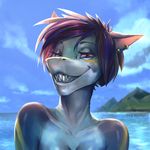  anthro bonifasko breasts female fish hair looking_at_viewer marine nude outside shark smile solo 