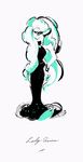  aqua_eyes aqua_hair black_dress character_name dress full_body hair_over_one_eye highres iida_(splatoon) jewelry mole mole_under_mouth monochrome multicolored_hair necklace pearl_necklace seto_(asils) simple_background smile solo splatoon_(series) splatoon_2 symbol-shaped_pupils two-tone_hair white_background 