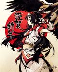  ainu_clothes animal bangs banpai_akira bird bird_on_hand black_eyes black_hair breasts closed_mouth fingerless_gloves from_side gloves hairband hand_on_hilt hawk long_hair mamahaha nakoruru red_hairband samurai_spirits short_sleeves short_sword small_breasts solo sword translation_request twitter_username weapon 