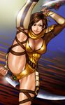  1girl artist_request belt breasts brown_eyes brown_hair cleavage faulds female hair_ornament high_kick kicking large_breasts leg_lift leotard muscular_female neckerchief nene_(sengoku_musou) ninja sengoku_musou sengoku_musou_3 short_hair shoulder_pads solo source_request thick_thighs thighs toned weapons 