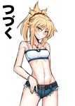  bare_arms bare_shoulders belt black_belt blonde_hair blush bracelet braid breasts camisole comic cowboy_shot fate/apocrypha fate/grand_order fate_(series) green_eyes hair_ornament hand_in_pants head_tilt highres jewelry looking_at_viewer medium_breasts mitsurugi_tsurugi mordred_(fate) mordred_(fate)_(all) navel ponytail short_shorts shorts simple_background smile smirk solo translated white_background 