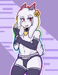  2017 abstract_background anthro blush boss_monster caprine clothed clothing collar crackers crossdressing fingerless_gloves flower fur girly gloves goat god_of_hyperdeath horn legwear male mammal open_mouth plant red_eyes solo standing stockings super_gay topless undertale underwear video_games white_fur 
