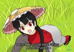  ajirogasa black_hair braid cape coat earlobes filthy_frank grass grey_coat hat highres looking_at_viewer meme on_ground open_mouth parody profanity red_cape red_eyes solo text_focus the_suddeno touhou yatadera_narumi 