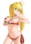  absurdres ahoge bikini blonde_hair breasts closed_mouth contrapposto covered_nipples covering_nipples cowboy_shot fate/grand_order fate_(series) green_eyes hair_intakes halterneck heart-shaped_boob_challenge highres large_breasts long_hair looking_at_viewer nanaya777 navel nero_claudius_(fate)_(all) nero_claudius_(swimsuit_caster)_(fate) one_breast_out side-tie_bikini smile solo standing striped striped_bikini swimsuit twintails white_background 