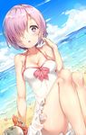  beach blush breasts cleavage collarbone crab day eyebrows_visible_through_hair fate/grand_order fate_(series) ginn_(hzh770121) glasses hair_over_one_eye highres large_breasts looking_at_viewer mash_kyrielight notice_lines ocean parted_lips purple_eyes purple_hair short_hair sitting solo swimsuit swimsuit_of_perpetual_summer 