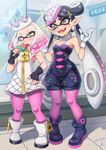  2girls :d aori_(splatoon) bare_shoulders black_gloves black_hair blush breasts cleavage crown domino_mask dress earrings fangs fingerless_gloves food full_body gloves hair_ornament hime_(splatoon) ice_cream jewelry mask mole mole_under_eye mole_under_mouth multicolored_hair multiple_girls open_mouth pantyhose pink_hair pink_legwear pointy_ears sleeveless sleeveless_dress small_breasts smile sparkle splatoon_(series) splatoon_2 strapless strapless_dress symbol-shaped_pupils teeth tentacle_hair twintails two-tone_hair white_gloves white_hair yellow_eyes yoohi zipper 