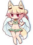  :&lt; animal_ears barefoot bell bell_collar blonde_hair chibi collar eyebrows_visible_through_hair flat_chest fox_ears fox_tail full_body hair_bun hair_ornament hairclip kemomimi-chan_(naga_u) looking_at_viewer naga_u navel original red_eyes short_hair solo tail towel 