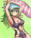  armpits arms_up artemis_(p&amp;d) breasts center_opening cleavage green_eyes green_hair kukkumann large_breasts long_hair navel one-piece_swimsuit ponytail puzzle_&amp;_dragons solo swimsuit v 