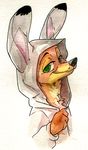  2017 anthro briskby canine clothed clothing dipstick_ears disney fox green_eyes half-length_portrait hood judy_hopps kigurumi looking_at_viewer male mammal neck_tuft nick_wilde portrait simple_background smile solo traditional_media_(artwork) tuft white_background zootopia 