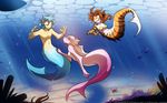  2017 alternate_species angry anthro blue_hair blue_scales breasts brown_hair clothed clothing confusion ear_fins featureless_breasts feline female fin fish flora_(twokinds) group hair hi_res hybrid male mammal marine merfolk mostly_nude nude pink_scales scales seashell_bra seductive skimpy stripes swimming tiger tom_fischbach trace_legacy transformation twokinds underwater water webcomic 