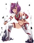  bare_shoulders bikini blush breasts commentary detached_sleeves fate/grand_order fate_(series) helena_blavatsky_(fate/grand_order) helena_blavatsky_(swimsuit_archer)_(fate) jirusu medium_breasts navel purple_eyes purple_hair short_hair solo swimsuit ultraman_gaia_(series) white_legwear 