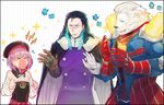  &gt;_&lt; 2boys black_hair blue_eyes blush closed_eyes commentary_request detached_sleeves fate/grand_order fate_(series) gradient_hair helena_blavatsky_(fate/grand_order) korou_sakiri kouro_sakiri lion long_hair multicolored_hair multiple_boys nikola_tesla_(fate/grand_order) open_mouth protected_link purple_hair short_hair sketch strapless thomas_edison_(fate/grand_order) white_sleeves 