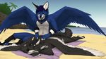  2017 5_fingers anthro black_feathers black_fur black_hair black_nose blue_eyes blue_feathers blue_fur blue_hair blue_nose canine detailed_background duo feathered_wings feathers fox fur hair horn hybrid kero_tzuki male mammal nude smile white_feathers white_fur wings wofurie wolf 