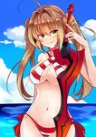  absurdres aestus_estus ahoge bikini breasts brown_hair cloud criss-cross_halter day fate/grand_order fate_(series) green_eyes hair_intakes halterneck highres long_hair medium_breasts navel nero_claudius_(fate)_(all) nero_claudius_(swimsuit_caster)_(fate) ocean outdoors sky smile solo striped striped_bikini swimsuit sword tobari_(usa_barashi) twintails weapon 