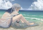  blue_hair blue_nails blue_sky bra cloud day dress epitaph_(1122) highres kantai_collection long_hair looking_at_viewer murakumo_(kantai_collection) nail_polish ocean outdoors panties sailor_dress see-through sitting sky solo underwear very_long_hair waves wet wet_clothes white_bra white_panties yellow_eyes 