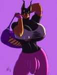  anthro athletic bag big_breasts breasts bulge canine claws clothing doberman dog gideon green_eyes herm huge_breasts hyper hyper_breasts intersex looking_at_viewer mammal nipples simple_background solo 