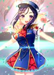  :d ascot bad_id bad_pixiv_id blue_hair blue_hat blush breasts confetti cowboy_shot dress earrings epaulettes eyebrows_visible_through_hair feathers hair_feathers happy_party_train hat jewelry large_breasts looking_at_viewer love_live! love_live!_sunshine!! matsuura_kanan moyui_(myi_005) open_mouth outstretched_arms peaked_cap purple_eyes short_hair short_sleeves smile solo spread_arms train_conductor 