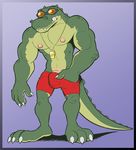  abs anthro anti_dev biceps big_muscles bulge claws clothed clothing crocodile crocodilian eyewear goggles green_skin hi_res lifeguard male muscular nipples pecs penis penis_base renekton reptile scalie shorts solo standing swimsuit teeth toe_claws topless vein whistle 