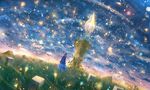  blue_skirt cloud cloudy_sky commentary_request crystal fantasy grass long_hair looking_at_viewer magic original pink_hair ponytail sakimori_(hououbds) scenery skirt sky solo standing tower wide_sleeves 