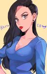  black_eyes black_hair blue_shirt breasts cleavage earrings hand_on_hip jewelry karako_(osomatsu-san) large_breasts lips long_hair looking_at_viewer osomatsu-san red_lips shirt solo sun_ah upper_body 