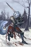  anthro armor blood bonifasko canine clothed clothing female fur hair mammal melee_weapon outside snow solo standing sword weapon 