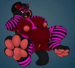  anthro big_breasts breasts carifoxleopard clothing female hyena legwear mammal nipples overweight pregnant pussy solo striped_legwear stripes thigh_highs tongue tongue_out 