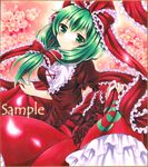  arm_ribbon bangs blush bow cherry_blossoms cowboy_shot dress eyebrows_visible_through_hair floral_background frilled_bow frilled_ribbon frilled_shirt_collar frilled_sleeves frills front_ponytail green_eyes green_hair hair_bow hair_ribbon kagiyama_hina kodamahikarigo long_hair looking_at_viewer puffy_short_sleeves puffy_sleeves red_dress ribbon sample shikishi short_sleeves skirt_hold smile solo touhou traditional_media 