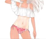  arm_up armpit_peek ass_visible_through_thighs bare_shoulders bikini bikini_bottom contrapposto cowboy_shot crop_top floral_print halterneck head_out_of_frame kantai_collection long_hair midriff mismatched_bikini navel off-shoulder_shirt one-piece_tan pink_bikini_bottom print_bikini_bottom ro-500_(kantai_collection) shirt side-tie_bikini simple_background solo standing suke_(momijigari) swimsuit tan tanline white_background white_hair 