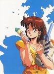  80s anice_farm bag brown_eyes brown_hair carrying chouon_senshi_borgman double_scoop earrings food half_updo highres holding holding_food ice_cream jewelry kikuchi_michitaka looking_at_viewer messy oldschool shadow shopping_bag solo 