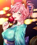  alternate_costume alternate_hairstyle animal_ears aoi_chimaki bangs blurry blush bokeh breasts candy_apple commentary_request depth_of_field fate/extra fate_(series) food fox_ears from_side hair_ornament hair_ribbon hair_stick japanese_clothes kimono large_breasts licking long_sleeves looking_at_viewer looking_to_the_side obi pink_hair ponytail purple_ribbon ribbon sash smile solo tamamo_(fate)_(all) tamamo_no_mae_(fate) upper_body wide_sleeves yellow_eyes yukata 