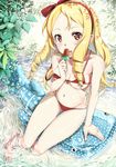  afloat bikini blonde_hair bow breasts drill_hair eromanga_sensei food hair_bow highres kntrs_(knyrs) long_hair looking_at_viewer navel pointy_ears popsicle red_eyes ringlets sitting small_breasts soaking_feet solo strap_slip swimsuit watermelon_bar whale_shark yamada_elf 