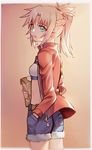  bag bandeau bangs blonde_hair braid candy denim denim_shorts eyebrows_visible_through_hair fate/apocrypha fate_(series) food food_in_mouth from_side fur_trim green_eyes half_updo holding holding_bag jacket lollipop long_hair mordred_(fate) mordred_(fate)_(all) open_clothes open_jacket paper_bag parted_bangs ponytail short_shorts shorts sidelocks solo yorukun 