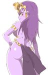 ass bare_shoulders breasts circlet egyptian_clothes from_behind hair_down hand_on_hip inkerton-kun large_breasts long_hair looking_at_viewer looking_back pout purple_hair purple_skin red_eyes risky_boots shantae_(series) simple_background solo sweatdrop thighs white_background 