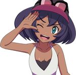 ;d bare_shoulders baseball_cap blue_eyes breasts cleavage dark_skin hat looking_at_viewer monosex one_eye_closed open_mouth pokemon pokemon_(game) pokemon_sm purple_hair shirt short_hair sina_(pokemon) sleeveless sleeveless_shirt small_breasts smile solo upper_body 