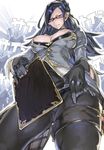  areola_slip areolae black_hair breasts center_opening cleavage covered_nipples from_below glasses gloves granblue_fantasy long_hair nipples priest_producer_(granblue_fantasy) sweat zunta 