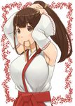  armpits breasts brown_eyes brown_hair detached_sleeves eyebrows_visible_through_hair hair_tie japanese_clothes large_breasts miko mo-fu mouth_hold original ponytail smile solo tying_hair 