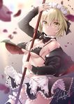  absurdres apron arm_up artoria_pendragon_(all) artoria_pendragon_(swimsuit_rider_alter) between_breasts black_bow black_bra black_jacket black_neckwear black_skirt bow bowtie bra breasts brown_hair choker cleavage cowboy_shot eyebrows_visible_through_hair fate/grand_order fate_(series) frilled_bra frills hair_between_eyes highres holding holding_weapon jacket maid_headdress miniskirt open_clothes open_jacket polearm short_hair sideboob skirt small_breasts solo standing thigh_strap underboob underwear weapon white_apron yellow_eyes yoshida_iyo 