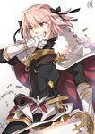  astolfo_(fate) black_bow blood bow braid cape fate/apocrypha fate/grand_order fate_(series) garter_straps gauntlets hair_ribbon highres lance male_focus nikame pink_hair polearm purple_eyes ribbon single_braid thighhighs weapon 