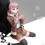  1boy 1girl back-to-back black_hair black_jacket black_legwear brown_jacket brown_skirt danganronpa dress_shirt game_console holding hood hood_down hooded_cardigan jacket kamukura_izuru kkkok_a long_hair miniskirt nanami_chiaki neck_ribbon open_clothes open_jacket pink_eyes pink_hair pleated_skirt red_ribbon ribbon shirt short_hair skirt smile super_danganronpa_2 thighhighs very_long_hair white_shirt zettai_ryouiki 