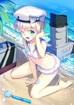  arm_up bangs bare_legs beach beret between_legs bikini bikini_skirt blue_eyes blush bow day eyebrows_visible_through_hair flat_chest food food_on_body food_on_face hand_between_legs hand_in_hair hat hat_bow highres kantai_collection kneeling legs looking_at_viewer ocean one_eye_closed open_mouth outdoors sailor_bikini sailor_collar short_hair silver_hair skirt soles solo swimsuit thighs tupet white_bikini white_hat white_skirt yan_(nicknikg) z1_leberecht_maass_(kantai_collection) 