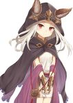  animal_ears clenched_hands cloak closed_mouth dress ears_through_headwear erune granblue_fantasy head_tilt heijialan hood hooded_cloak long_hair red_eyes scathacha_(granblue_fantasy) simple_background smile solo standing v_arms white_background white_dress white_hair 
