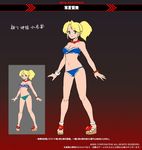  aikawa_rumi alternate_costume bare_legs bare_shoulders bikini blonde_hair blue_bikini blue_eyes bracelet breasts character_name commentary concept_art english_commentary flower jewelry looking_at_viewer medium_breasts metal_slug metal_slug_attack necklace no_socks official_art ponytail sandals shoe_flower smile solo swimsuit 